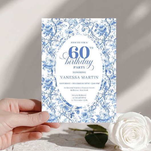 Dusty Blue Toile Roses 60th Birthday Digital  Kaart
