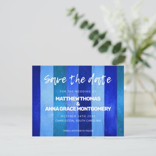 Dusty Blue Tones Wooden Rustic Save The Date (Staand voorkant)