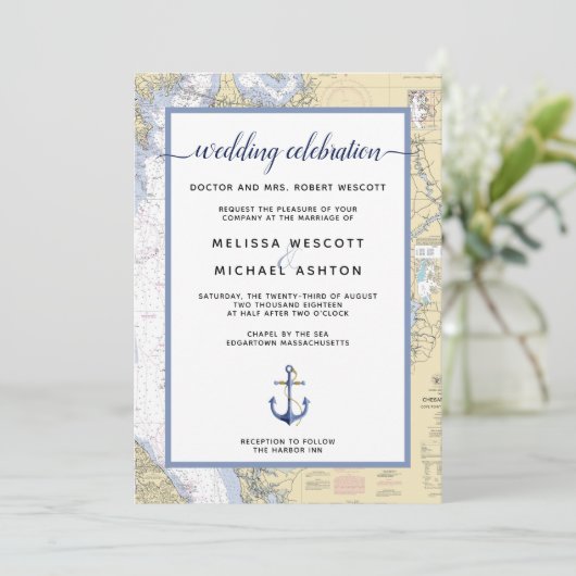 Dusty Blue Traditional Nautical Event / Weddenscha Kaart (Staand voorkant)