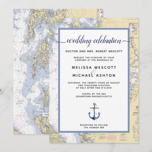 Dusty Blue Traditional Nautical Event / Weddenscha Kaart (Voorkant / Achterkant)