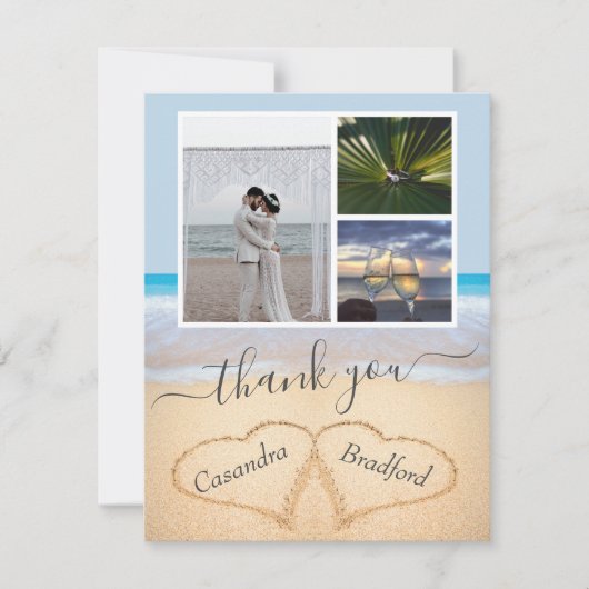 Dusty Blue Tropical Beach Hearts in Zand Weddensch Bedankkaart (Voorkant)