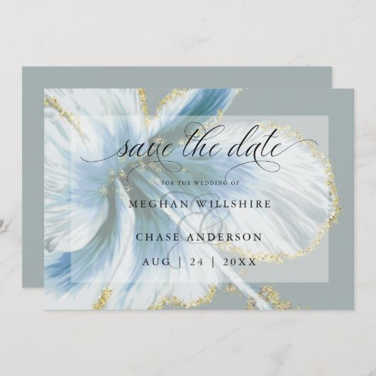 Dusty Blue Tropical Flower Waterverf Save the Data Save The Date (Voorkant / Achterkant)