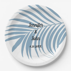 Dusty Blue Tropical Palm Tree Leaf Cute Wedding Papieren Bordje