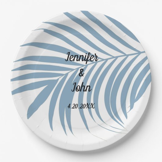 Dusty Blue Tropical Palm Tree Leaf Cute Wedding Papieren Bordje (Voorkant)