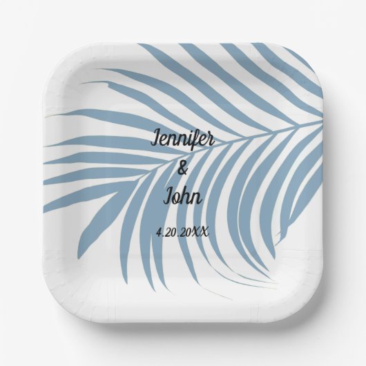 Dusty Blue Tropical Palm Tree Leaf Cute Wedding Papieren Bordje (Voorkant)