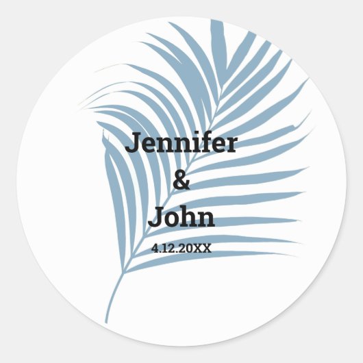 Dusty Blue Tropical Palm Tree Leaf Cute Wedding Ronde Sticker (Voorkant)