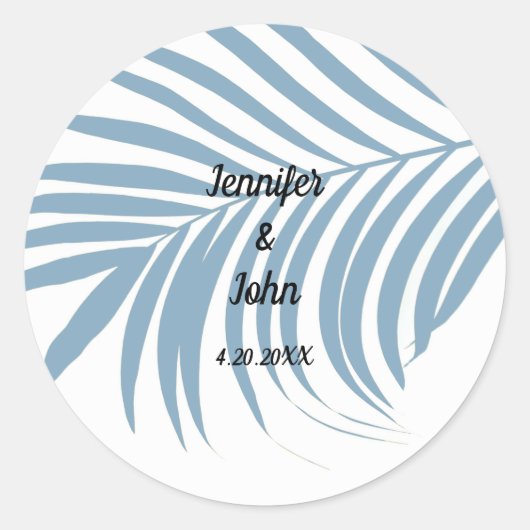 Dusty Blue Tropical Palm Tree Leaf Cute Wedding Ronde Sticker (Voorkant)