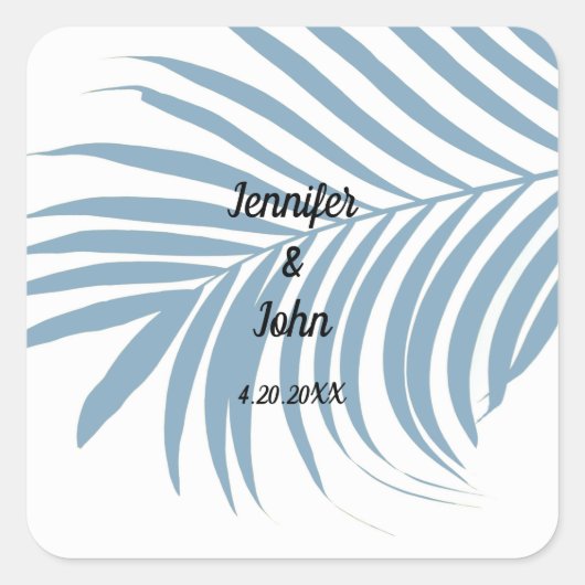 Dusty Blue Tropical Palm Tree Leaf Cute Wedding Vierkante Sticker (Voorkant)