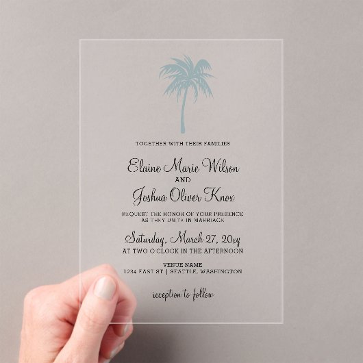 Dusty Blue Tropical Palm Tree Wedding Invitations Acryl Uitnodigingen (Insitu (Draagbaar))
