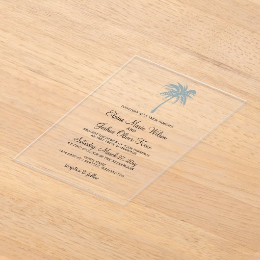 Dusty Blue Tropical Palm Tree Wedding Invitations Acryl Uitnodigingen (Laagn)