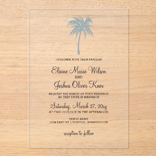 Dusty Blue Tropical Palm Tree Wedding Invitations Acryl Uitnodigingen (Voorkant)