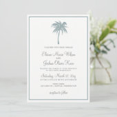 Dusty Blue Tropical Palm Tree Wedding Invitations Kaart (Staand voorkant)