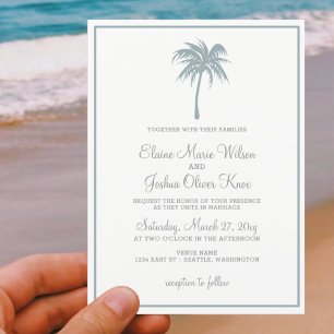 Dusty Blue Tropical Palm Tree Wedding Invitations Kaart
