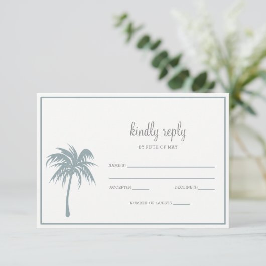 Dusty Blue Tropical Palm Tree Wedding RSVP (Staand voorkant)
