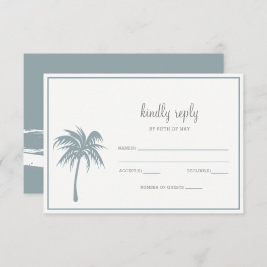 Dusty Blue Tropical Palm Tree Wedding RSVP (Voorkant / Achterkant)