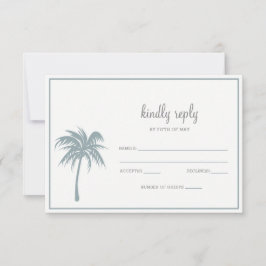 Dusty Blue Tropical Palm Tree Wedding RSVP Kaartje