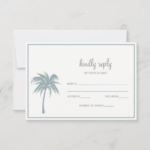 Dusty Blue Tropical Palm Tree Wedding RSVP Kaartje