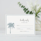 Dusty Blue Tropical Palm Tree Wedding RSVP Kaartje (Staand voorkant)