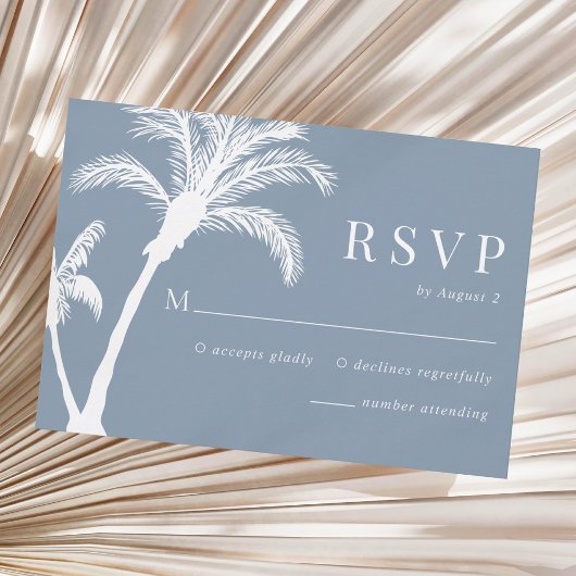 Dusty Blue Tropische Palm Beach Bruiloft RSVP Kaartje