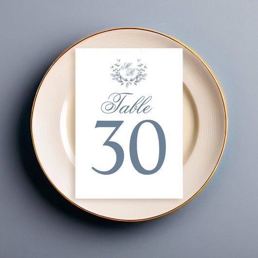 Dusty Blue Trouwtafel Nummer Monogram Motief Kaart
