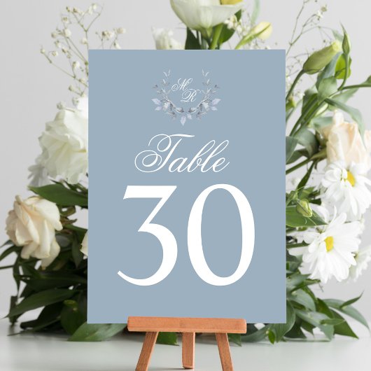 Dusty Blue Trouwtafel Nummer Monogram Motief Kaart