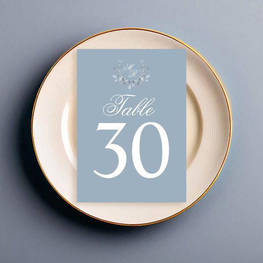 Dusty Blue Trouwtafel Nummer Monogram Motief Kaart