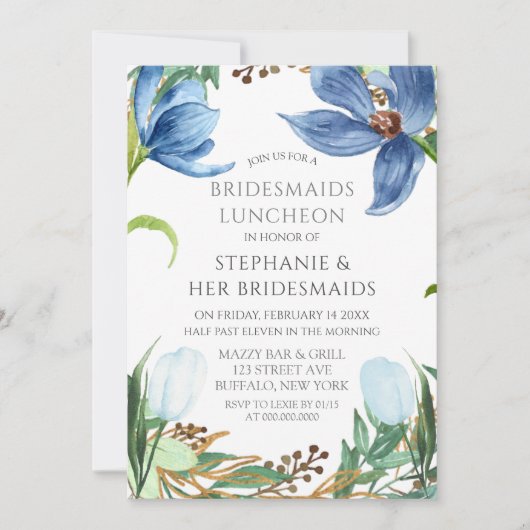 Dusty Blue Tulip Peony Bridesmaids Luncheon Kaart (Voorkant)