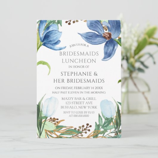 Dusty Blue Tulip Peony Bridesmaids Luncheon Kaart (Staand voorkant)