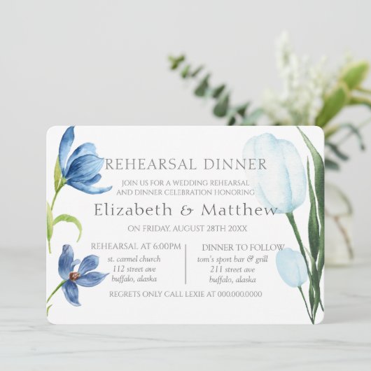 Dusty Blue Tulip Waterverf Peony Rehearsal Dinner Kaart (Staand voorkant)