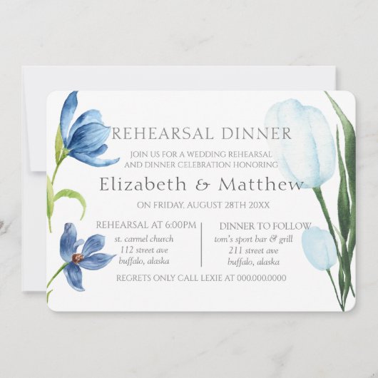 Dusty Blue Tulip Waterverf Peony Rehearsal Dinner Kaart (Voorkant)