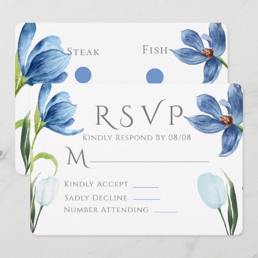 Dusty Blue Tulip Waterverf Peony Wedding RSVP Kaart (Voorkant / Achterkant)