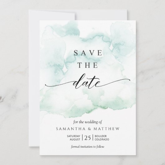 Dusty Blue, Turquoise en groene Waterverf Save The Date (Voorkant)