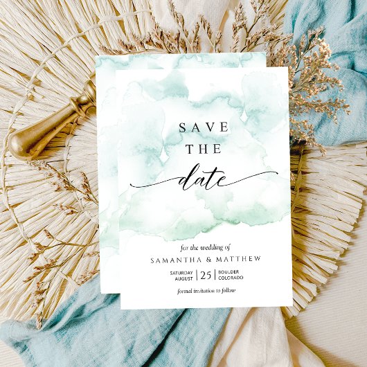 Dusty Blue, Turquoise en groene Waterverf Save The Date
