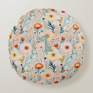 Dusty Blue Turquoise Floral Cottagecore Monogram Rond Kussen