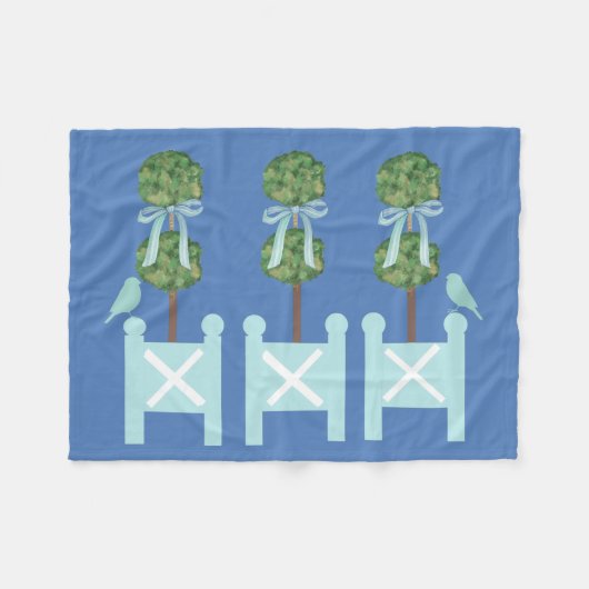 Dusty Blue Turquoise Topiary Vogelwerpen Fleece Deken (Voorkant (Horizontaal))