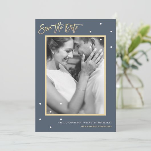 Dusty Blue Two Photo with Stippen Save the Date (Staand voorkant)