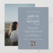 Dusty Blue Typografie Script Foto QR Code Bruiloft Kaart (Voorkant / Achterkant)