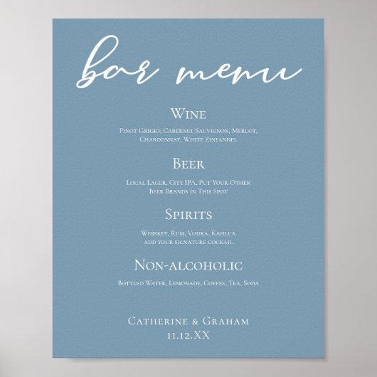 Dusty Blue Typography Wedding Bar Menu Poster (Voorkant)