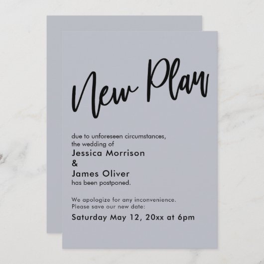 Dusty Blue Uitgesteld Bruiloft Nieuw Plan Update K Kaart (Voorkant / Achterkant)