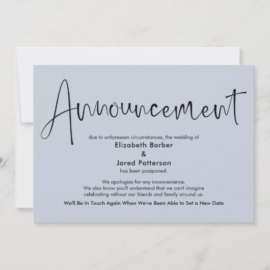 Dusty Blue Uitgestelde bruiloft Aankondiging Kaart (Voorkant)