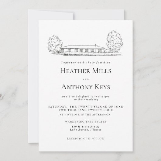 Dusty Blue Uitnodiging met schets van de locatie (Voorkant)