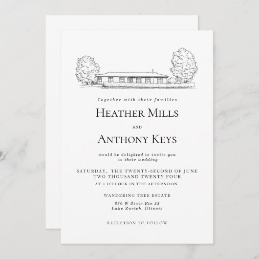 Dusty Blue Uitnodiging met schets van de locatie (Voorkant / Achterkant)