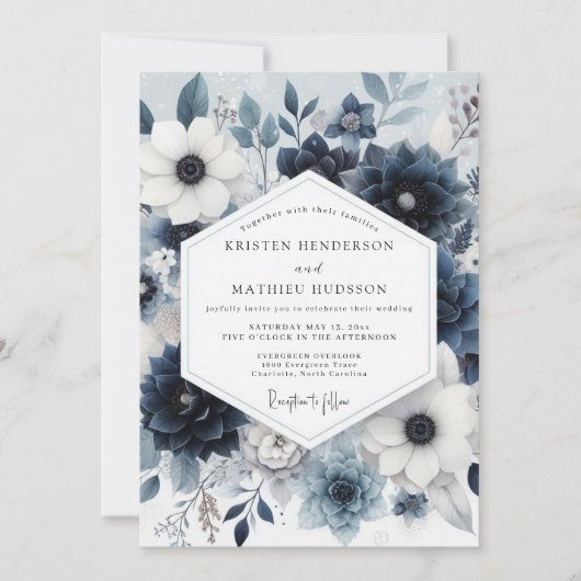 Dusty Blue Vesperal Bloom Wedding Kaart (Voorkant)