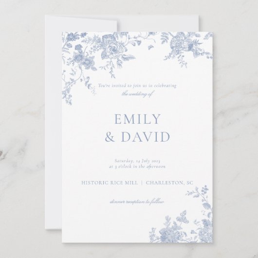 Dusty Blue Victoriaans Floral Wedding Invitation Kaart (Voorkant)