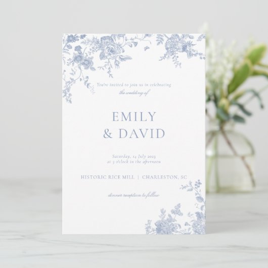 Dusty Blue Victoriaans Floral Wedding Invitation Kaart (Staand voorkant)
