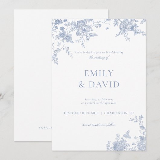 Dusty Blue Victoriaans Floral Wedding Invitation Kaart (Voorkant / Achterkant)