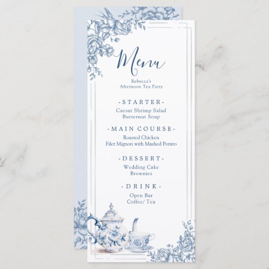 Dusty Blue Victoriaans Garden Afternoon Tea Menu (Voorkant / Achterkant)