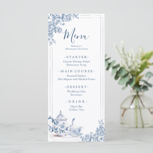 Dusty Blue Victoriaans Garden Afternoon Tea Menu (Staand voorkant)