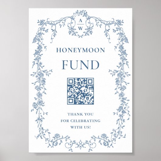 Dusty Blue Victoriaans Honeymoon Fund Wedding Sign Poster (Voorkant)