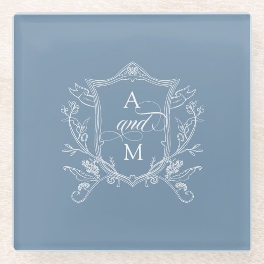 Dusty Blue Vintage Crest Wedding Glazen Onderzetter (Voorkant)
